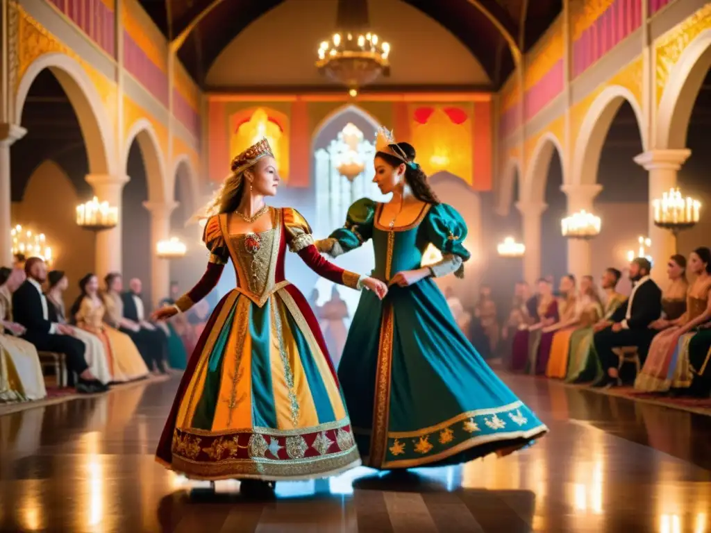 Grupo de bailarines en trajes medievales europeos, danza en un salón iluminado por velas