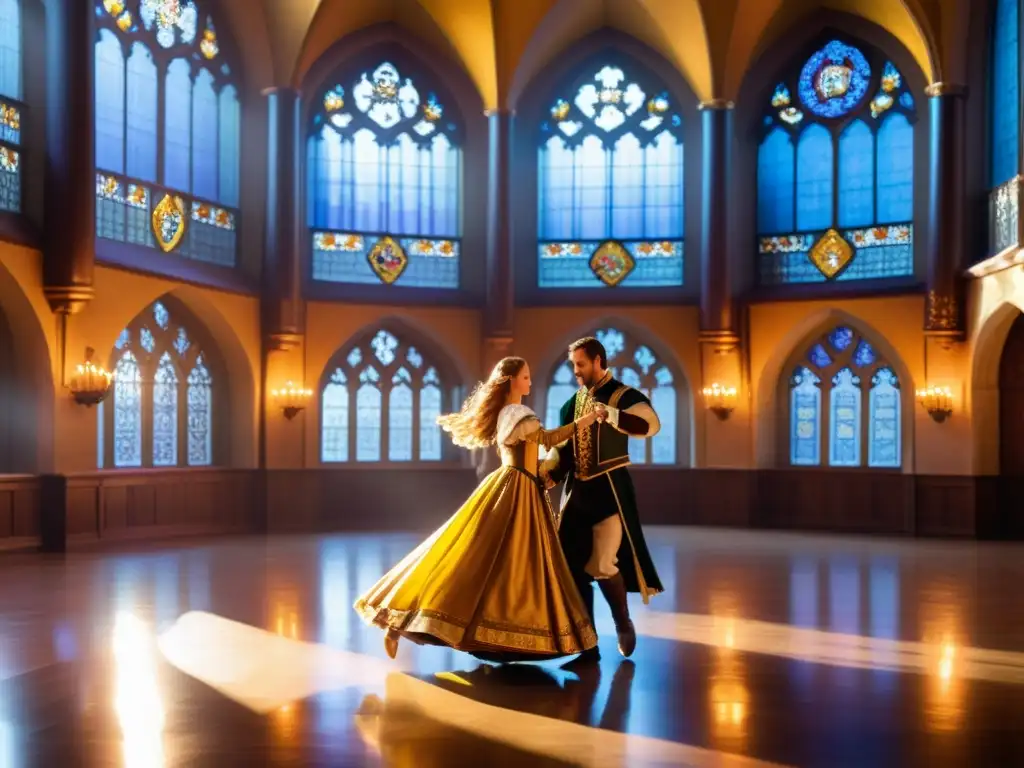 Grupo de bailarines con trajes medievales danzando en un salón lleno de historia y luz dorada