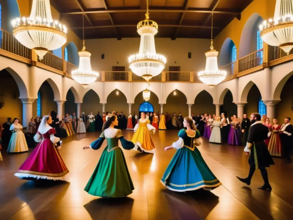 Grupo de bailarines con trajes medievales coloridos en un majestuoso salón renacentista, capturando la historia de la evolución de la danza con gracia y precisión