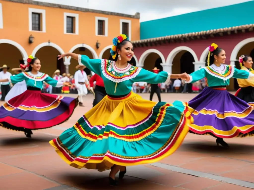 Un grupo de bailarines en trajes mexicanos tradicionales realiza un zapateado con pasión y energía en una plaza llena de vida