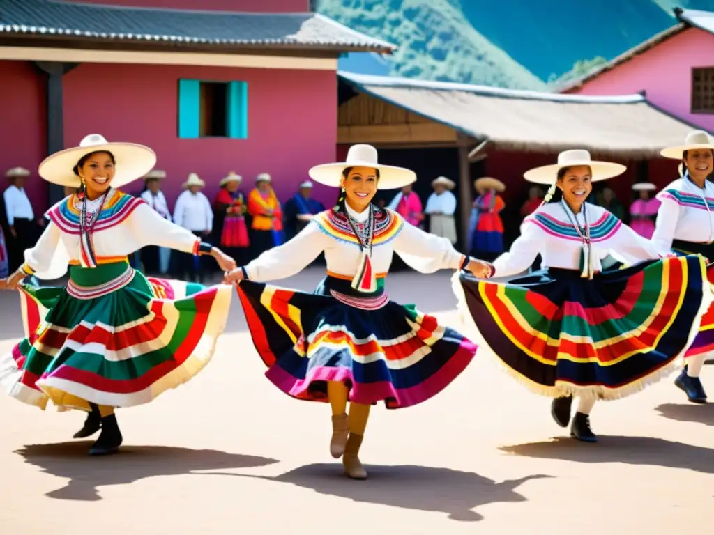 Grupo de bailarines en trajes peruanos realiza la danza Huaylarsh en la plaza, expresando su significado cultural en un colorido espectáculo moderno