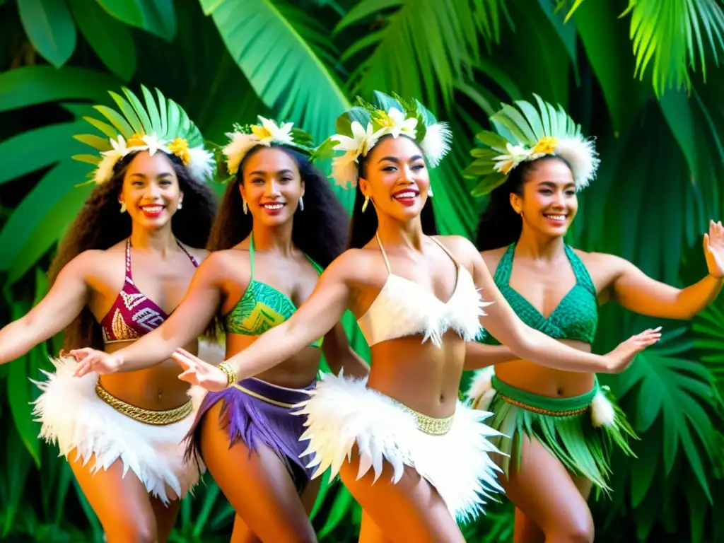 Grupo de bailarines con trajes polinesios en danza tradicional entre exuberante vegetación