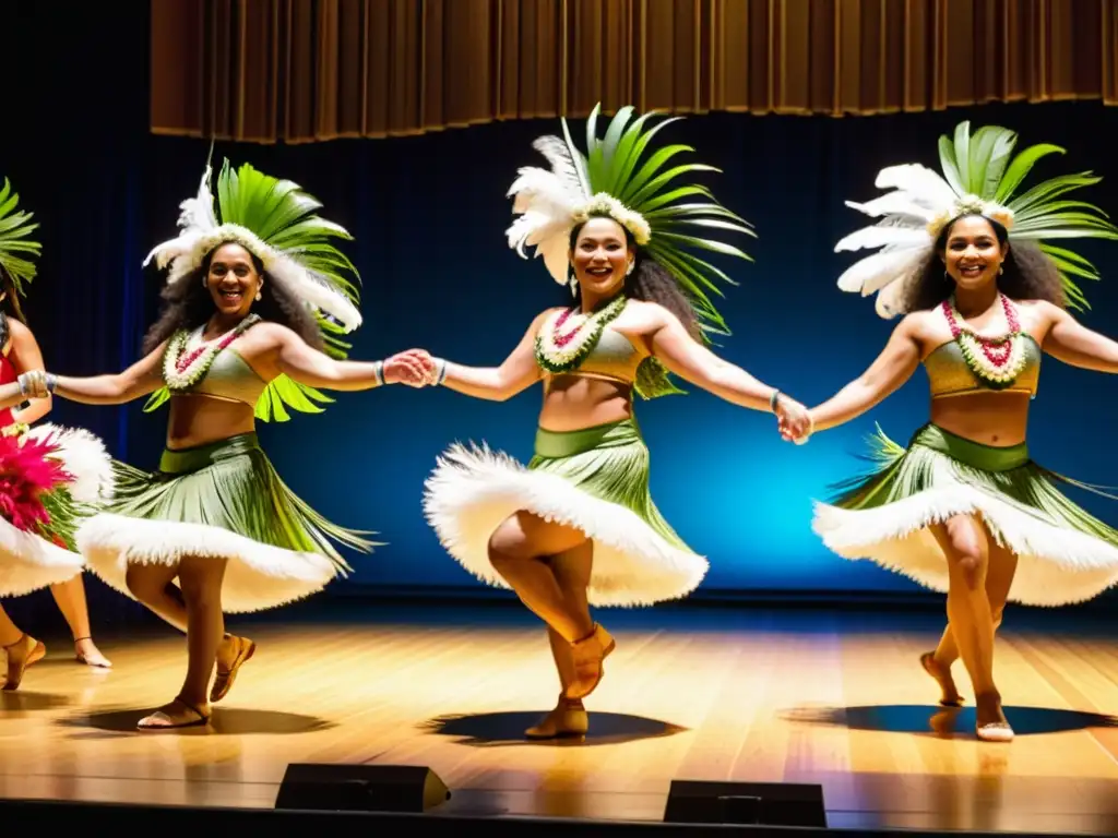 Grupo de bailarines en trajes polinesios tradicionales, expresando el significado cultural de la danza con movimientos gráciles y trajes vibrantes