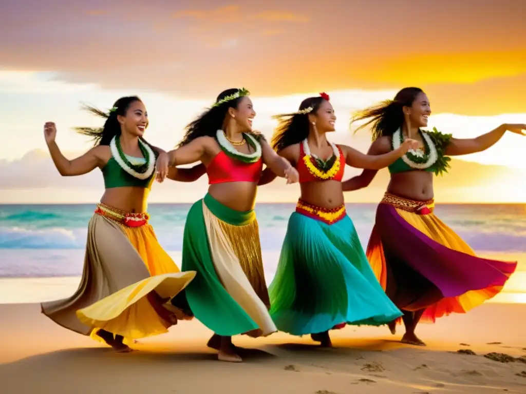 Un grupo de bailarines con trajes polinesios vibrantes, danzando en la playa al atardecer