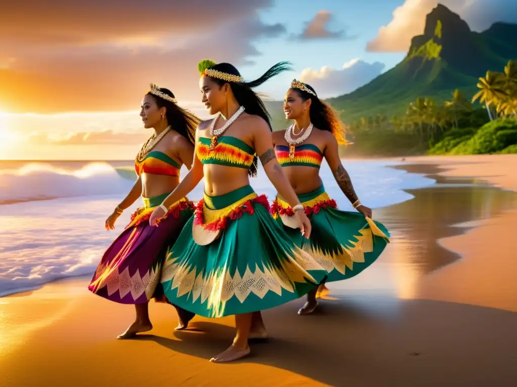 Grupo de bailarines en trajes polinesios tradicionales danzando al atardecer en una playa