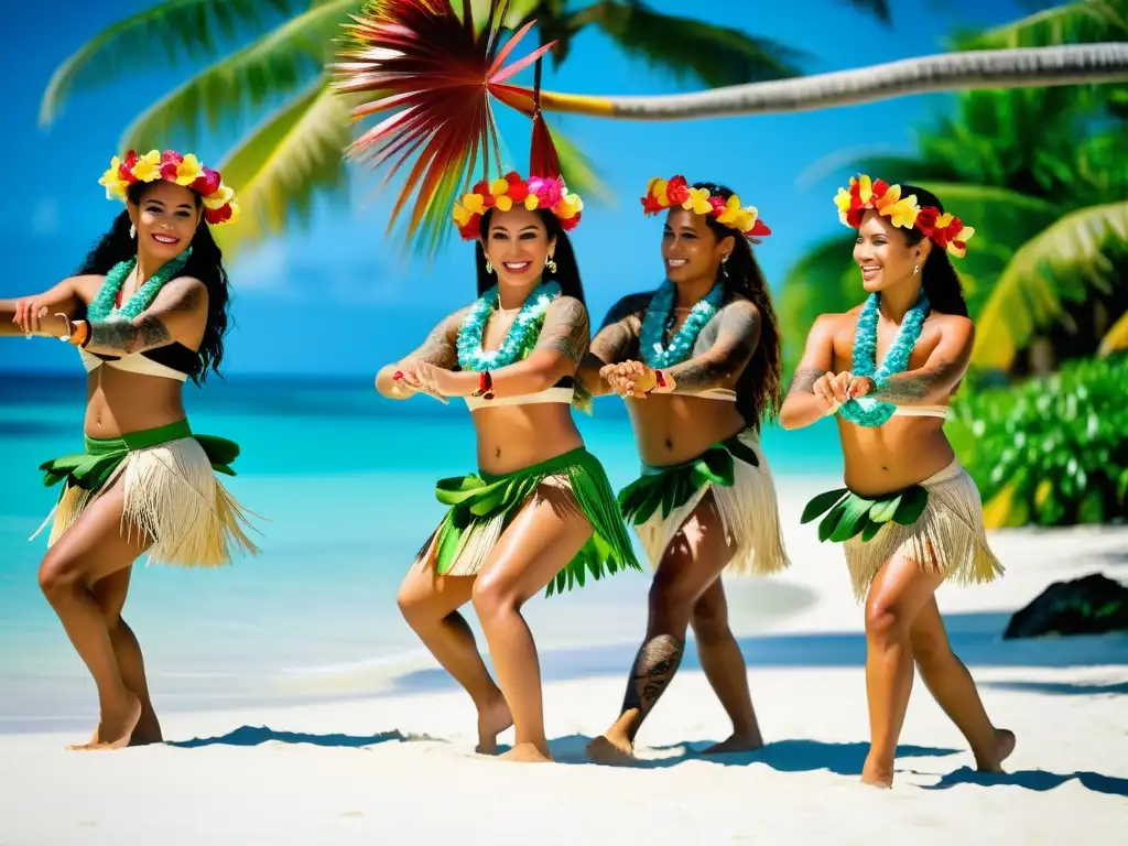 Grupo de bailarines en trajes polinesios, realizando una cautivadora hula en una playa de arena blanca