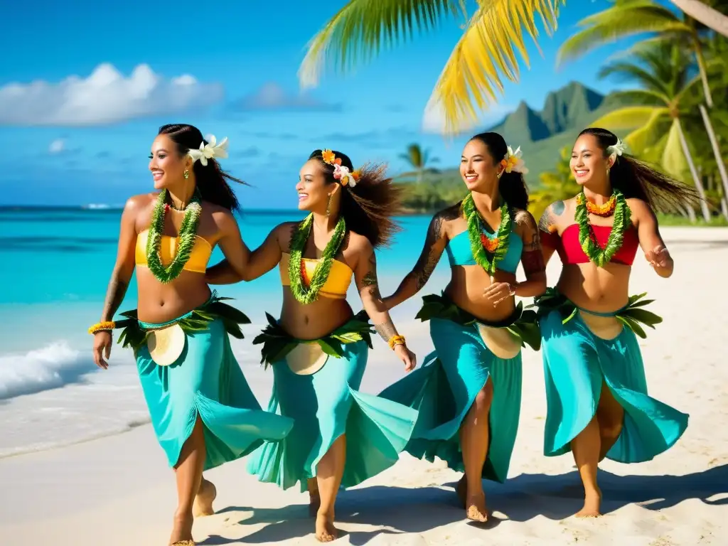 Un grupo de bailarines con trajes polinesios ejecutan una cautivadora danza hula en una playa soleada