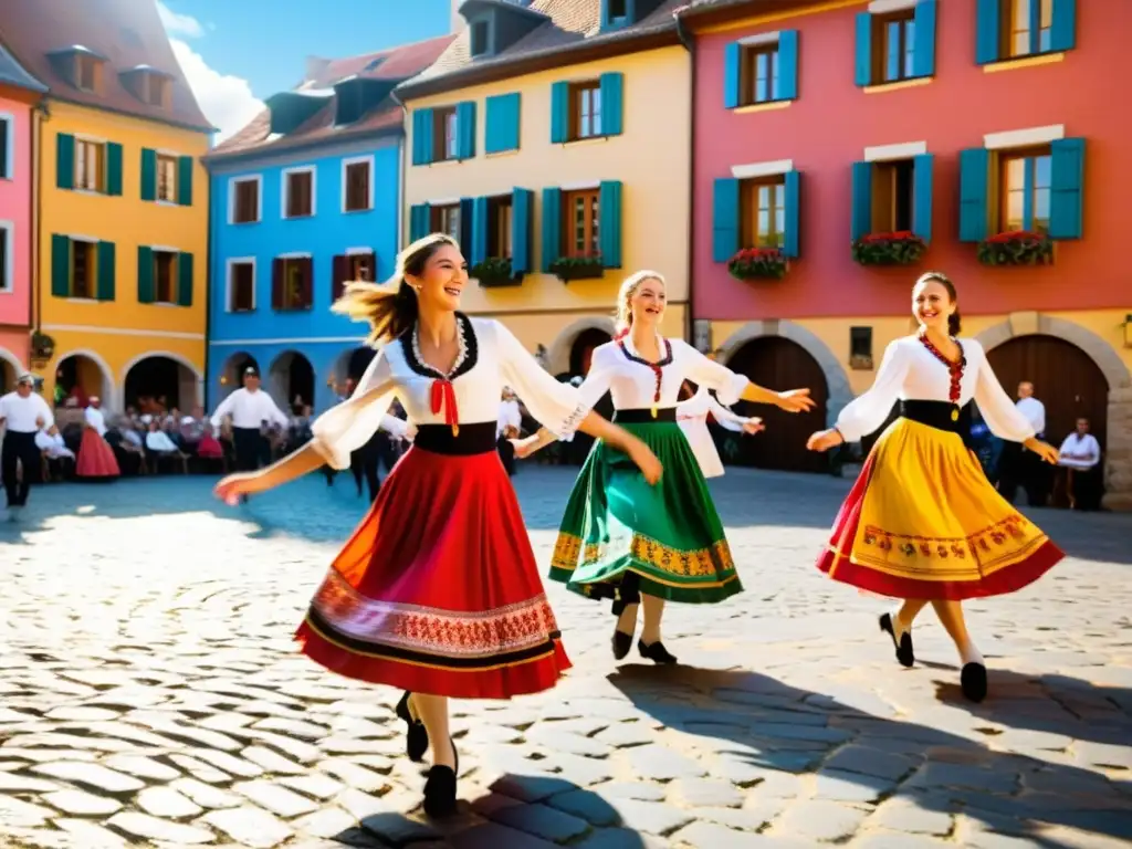 Un grupo de bailarines en trajes regionales europeos realizando una animada Tarantella en una plaza vibrante