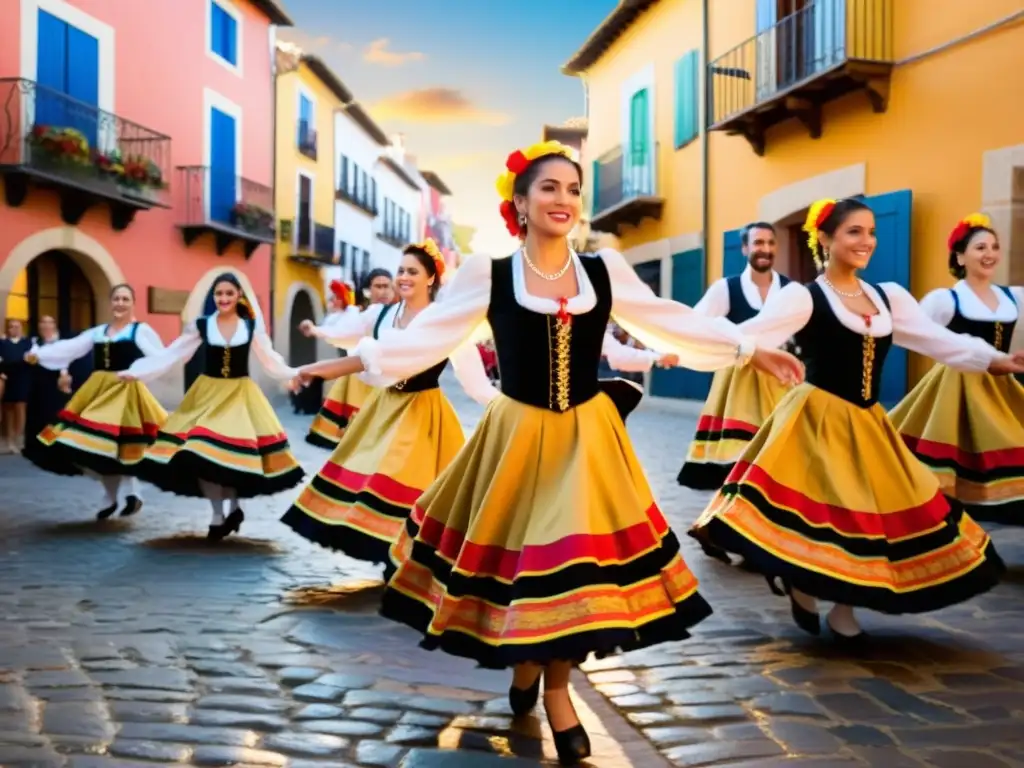 Grupo de bailarines en trajes regionales españoles bailando fandango y jota al atardecer en una pintoresca ciudad española