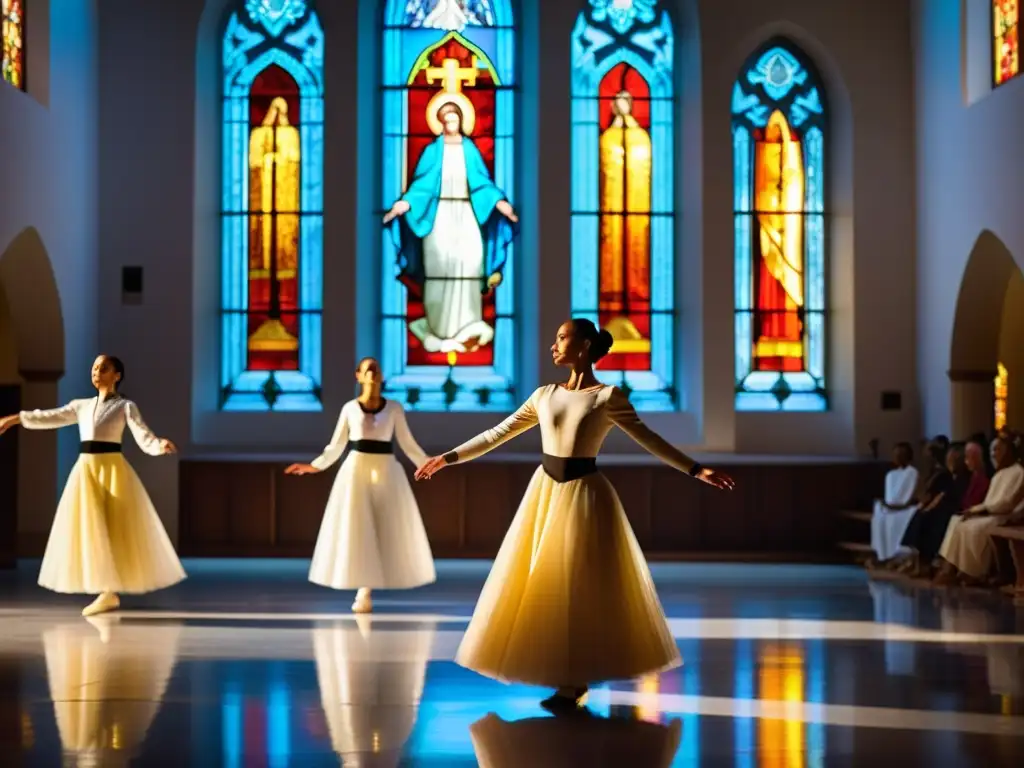 Grupo de bailarines en trajes religiosos ejecutando danzas litúrgicas en una iglesia moderna