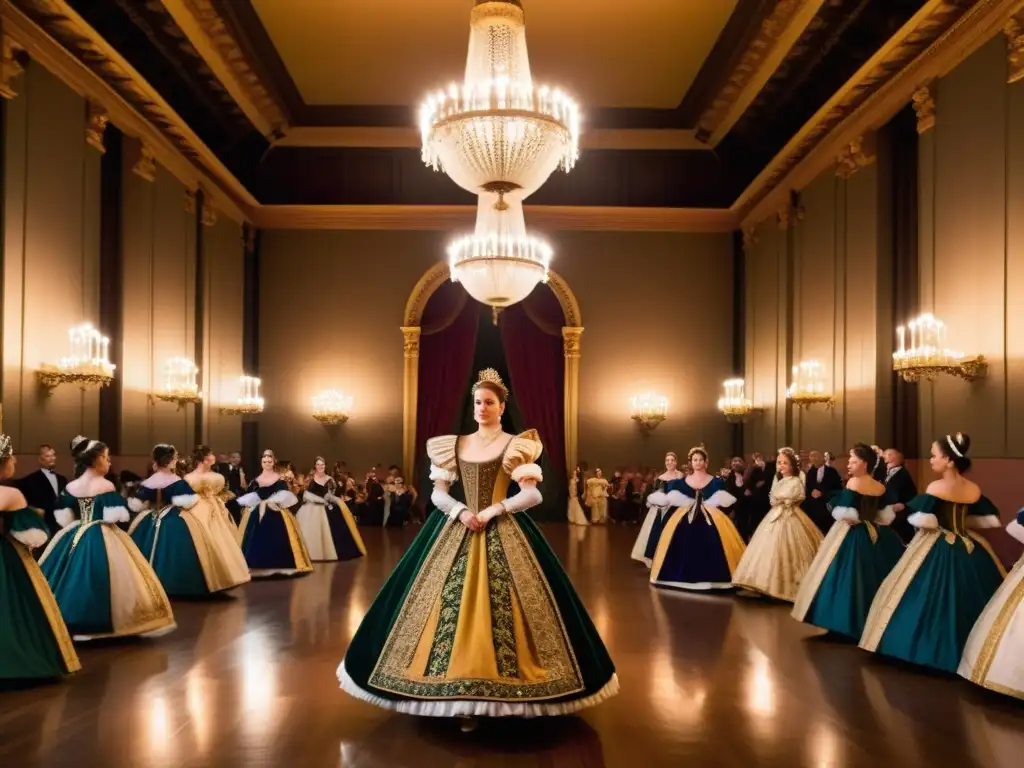 Grupo de bailarines en trajes renacentistas realizando una elegante danza en un opulento salón iluminado por velas