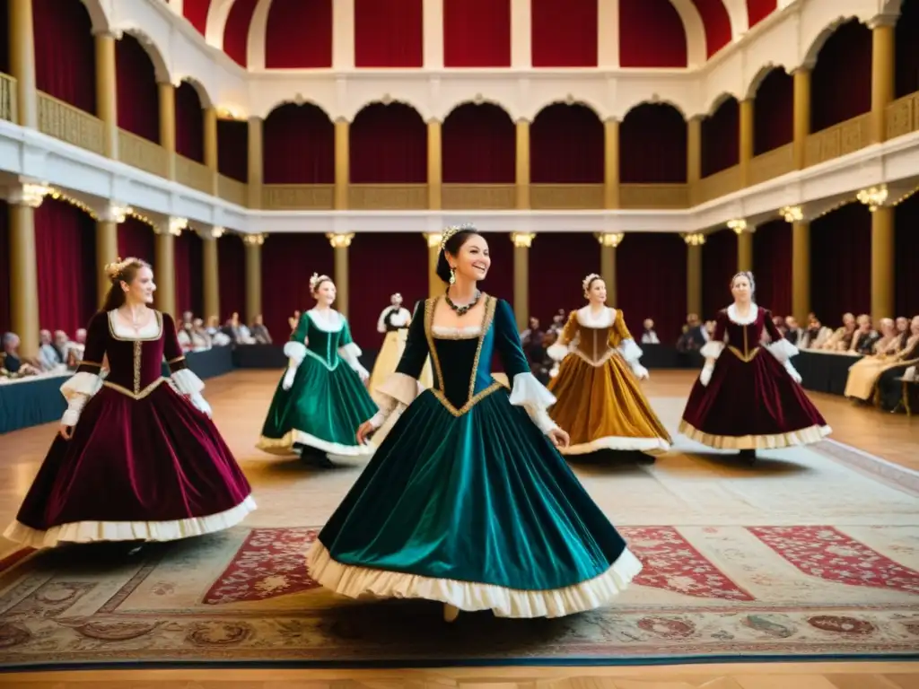 Grupo de bailarines con trajes renacentistas danzando en un elegante salón, evocando el significado cultural de las Danzas Renacimiento Europeo