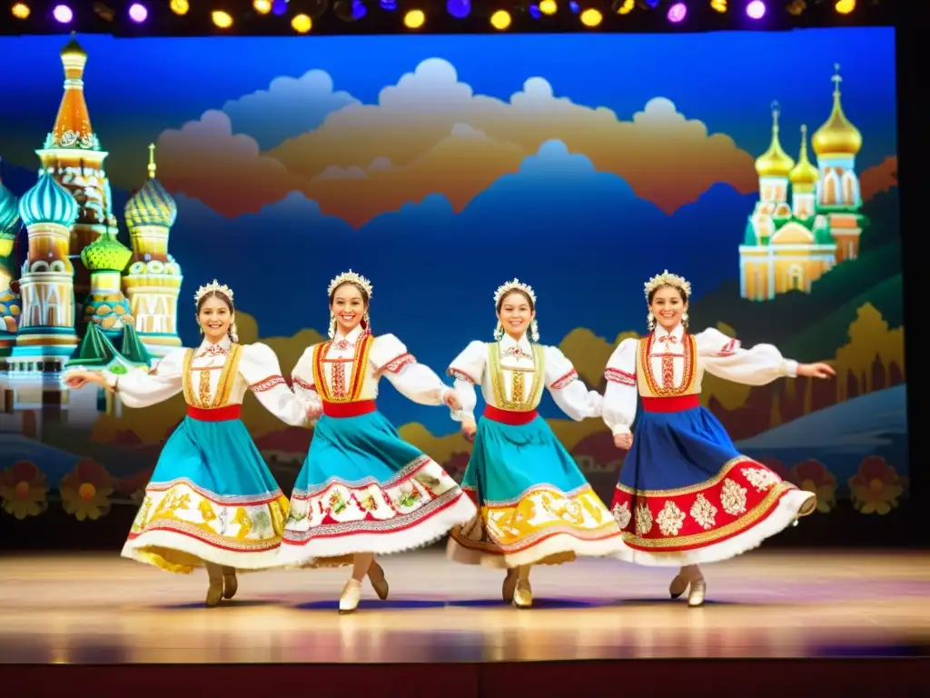 Un grupo de bailarines en trajes folklóricos rusos ejecutan una danza sincronizada en un escenario vibrante