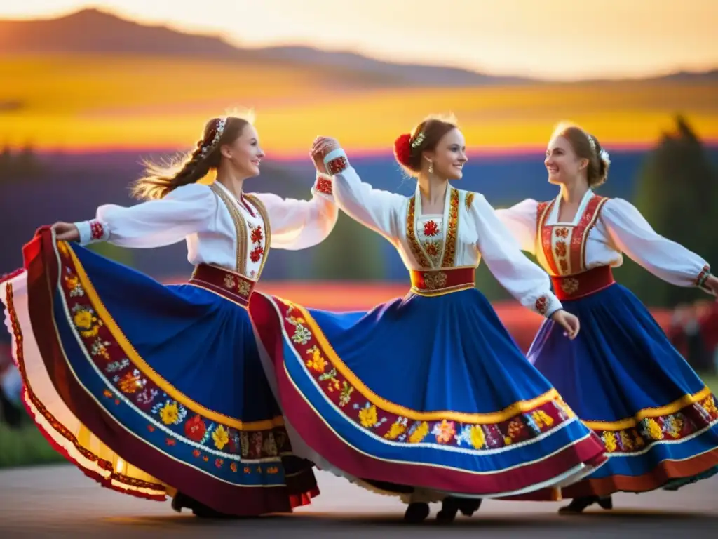 Grupo de bailarines en trajes folklóricos rusos, unidos en círculo, con faldas vibrantes y expresiones de alegría