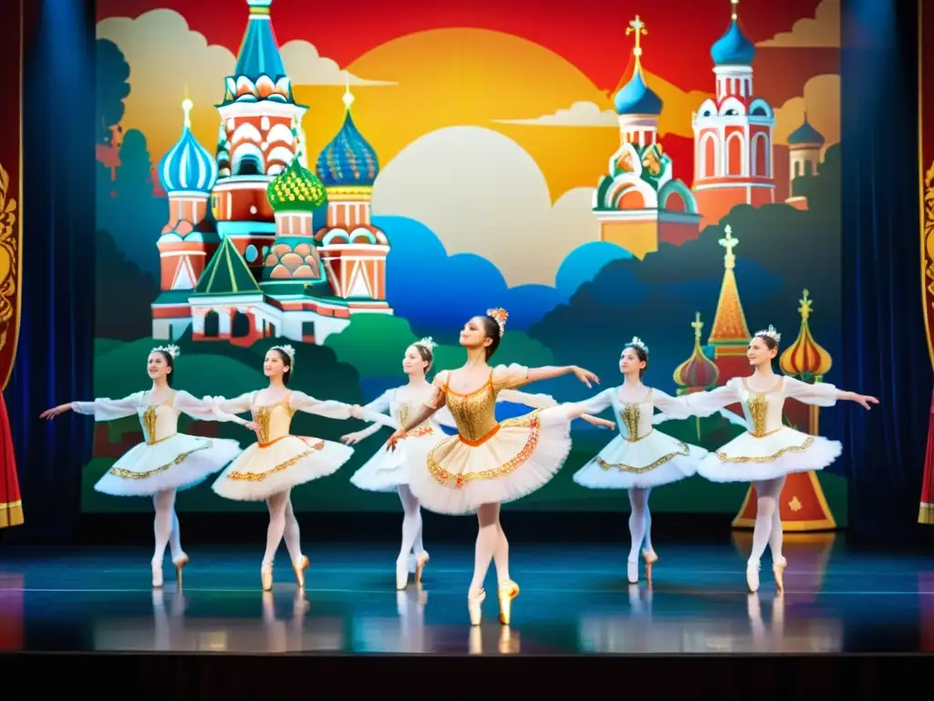 Grupo de bailarines en trajes rusos ejecutando una rutina elegante en un escenario de folclore ruso