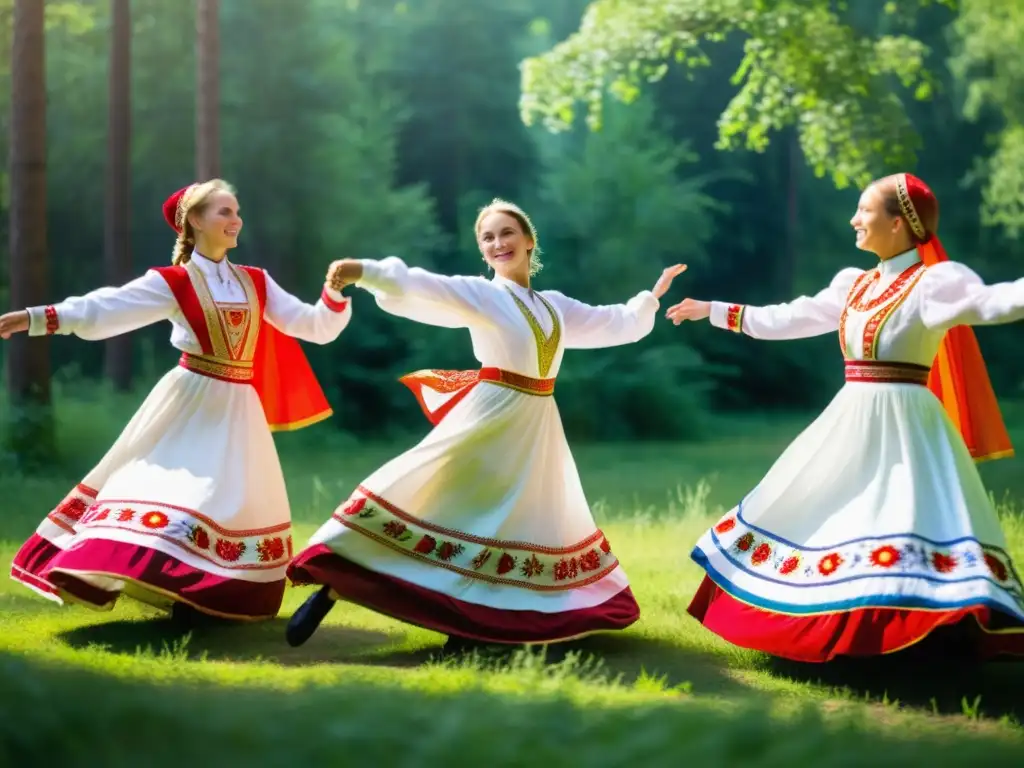 Grupo de bailarines en trajes folklóricos rusos realizando elegantes movimientos en un claro soleado del bosque