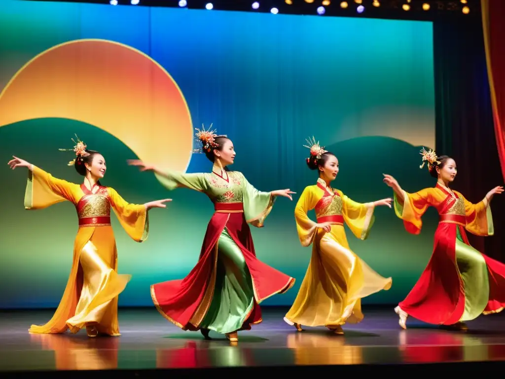 Grupo de bailarines en trajes de seda, movimientos gráciles capturan la esencia de la danza clásica china significado cultural