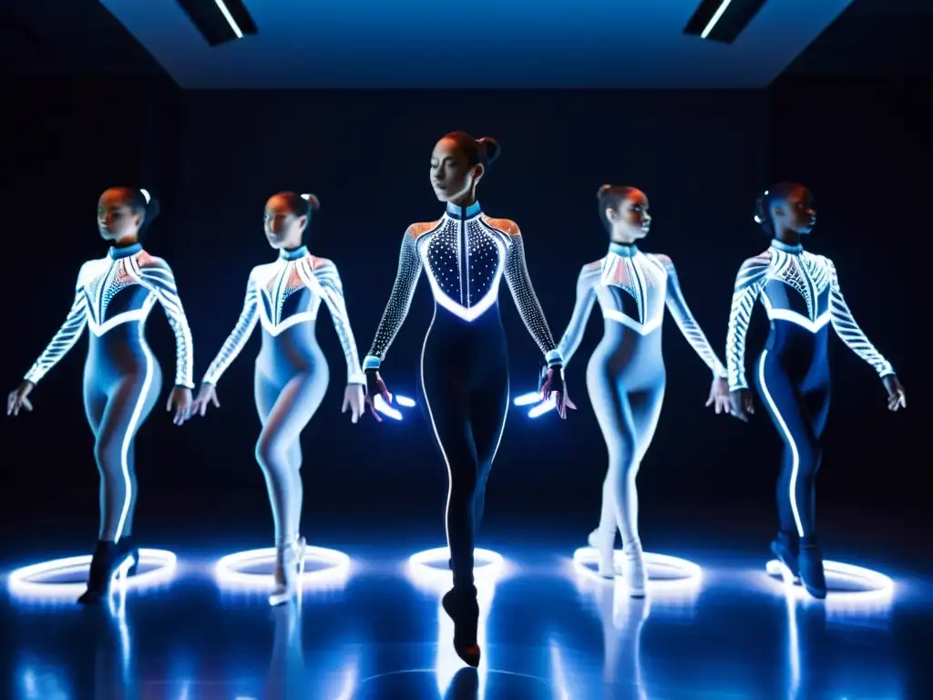 Grupo de bailarines practicando con trajes de sensores y luces LED, fusionando tecnología y arte en el entrenamiento