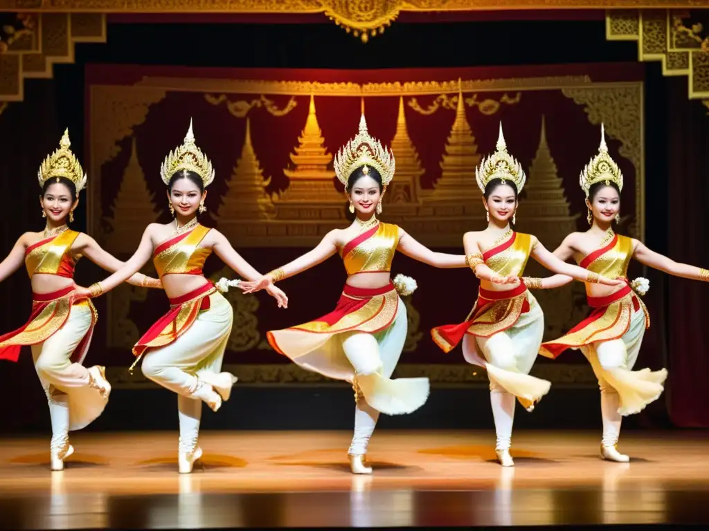 Grupo de bailarines en trajes tailandeses ejecutan danza clásica, transmitiendo elegancia y significado cultural tailandés