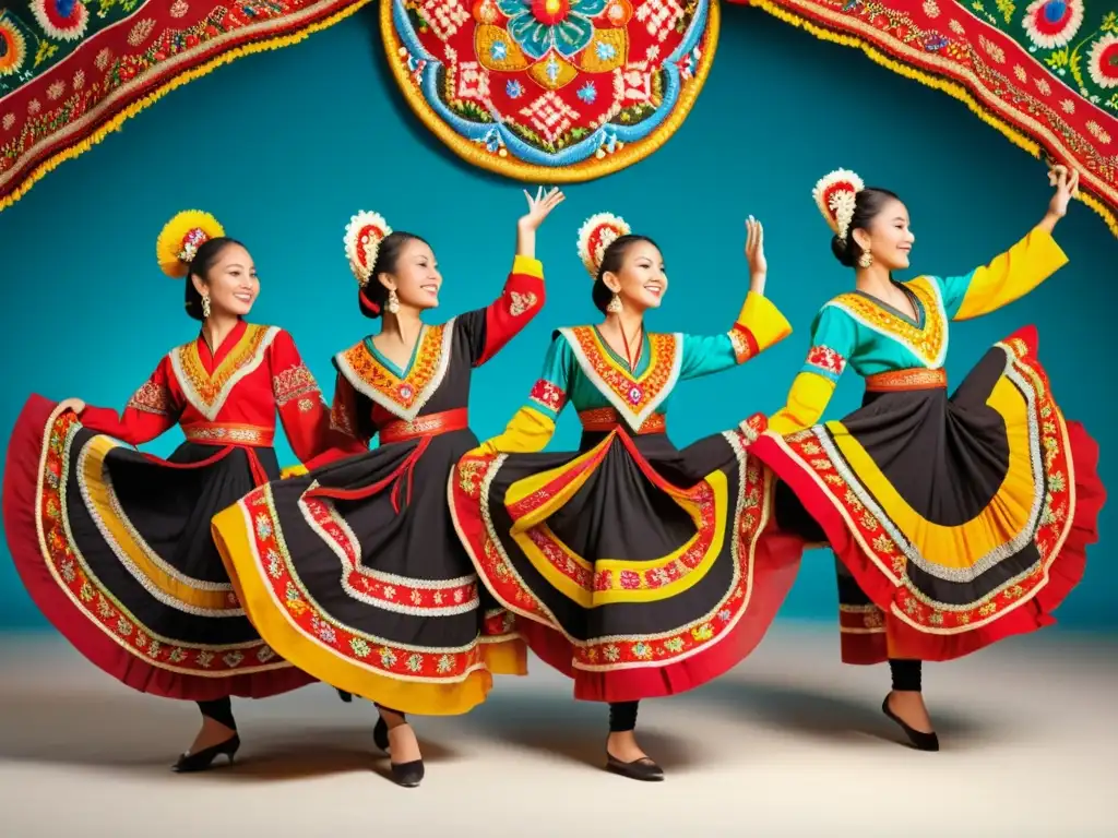 Grupo de bailarines con trajes de tejidos tradicionales en la danza, ejecutando movimientos dinámicos en festival cultural