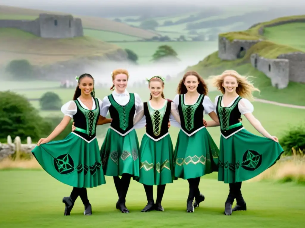 Grupo de bailarines con trajes típicos danza irlandesa, unidos en círculo en paisaje brumoso y verde