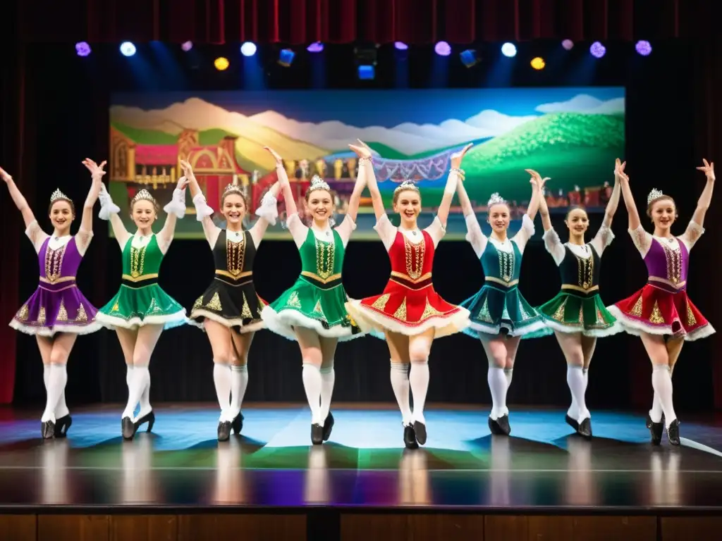 Grupo de bailarines con trajes típicos danza irlandesa, realizando una presentación enérgica y sincronizada