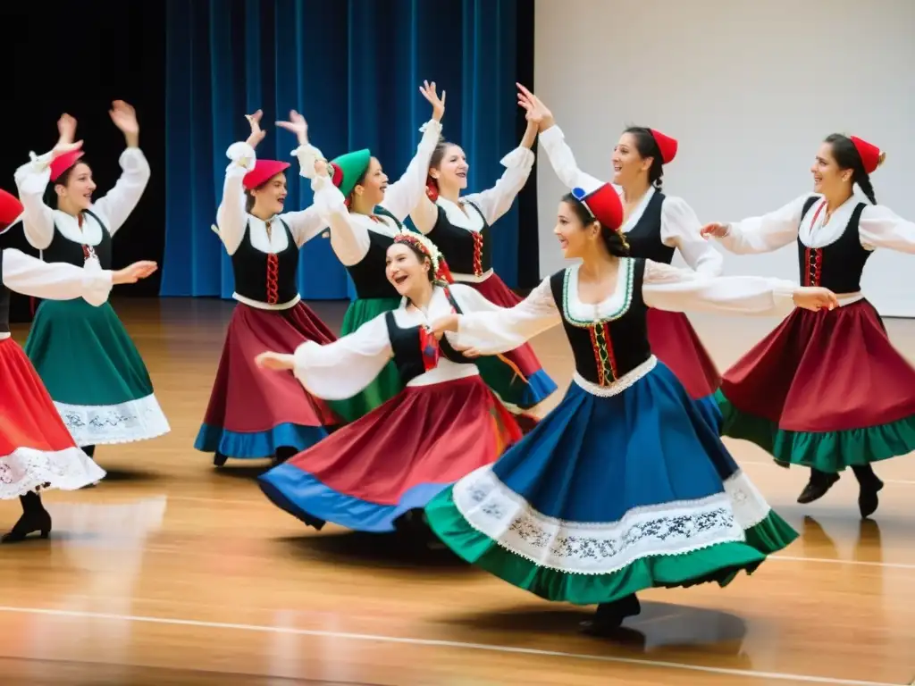 Grupo de bailarines con trajes típicos vascos danzando en círculo, celebrando la cultura y el folclore vasco