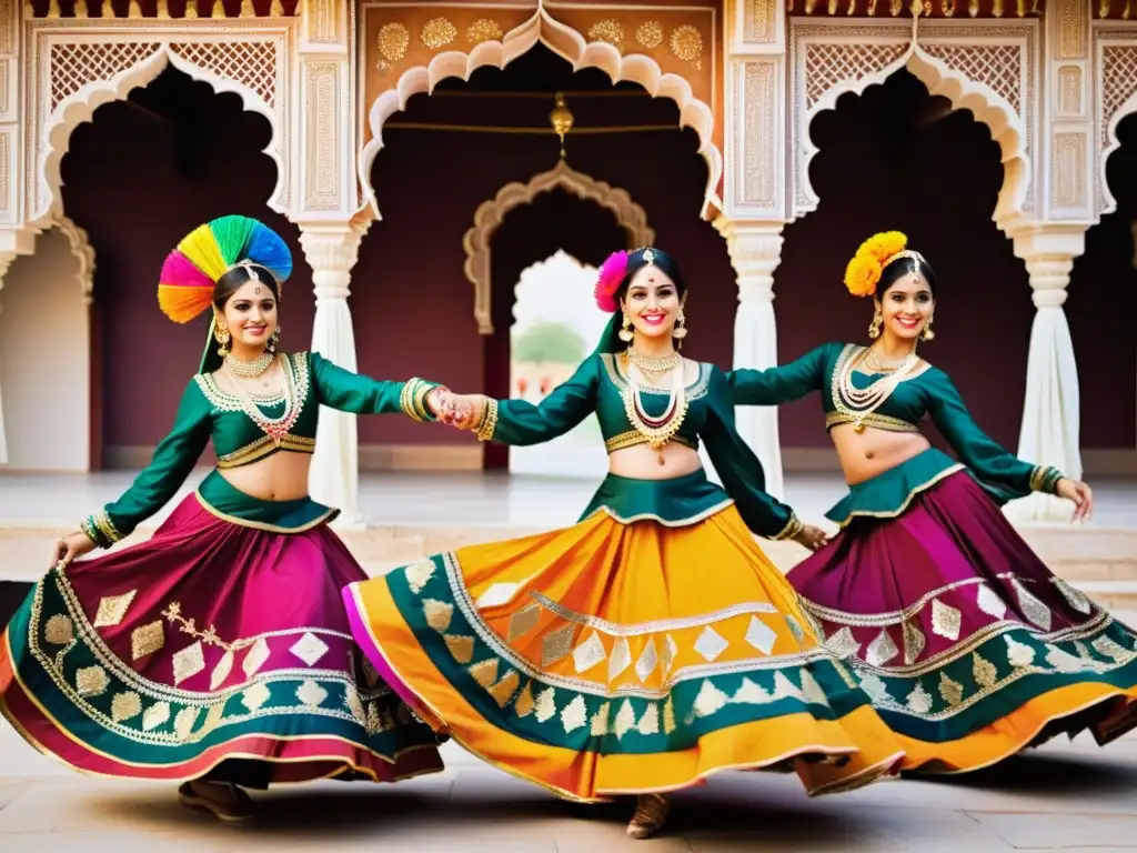 Grupo bailarines con trajes típicos Festival Danza Udaipur, danza Ghoomar en el Festival de Baile de Udaipur, frente al majestuoso Palacio de la Ciudad