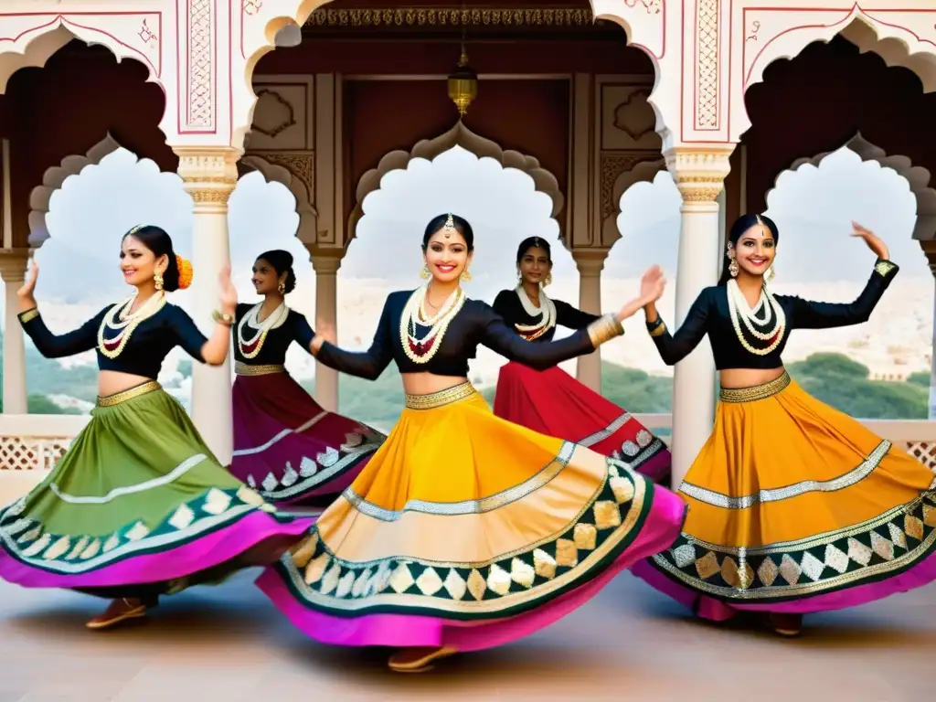 Grupo de bailarines con trajes típicos Festival Danza Udaipur, danzando en el majestuoso Palacio de la Ciudad de Udaipur