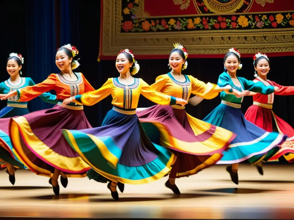 Grupo de bailarines en trajes típicos, inmersos en una danza llena de energía y color