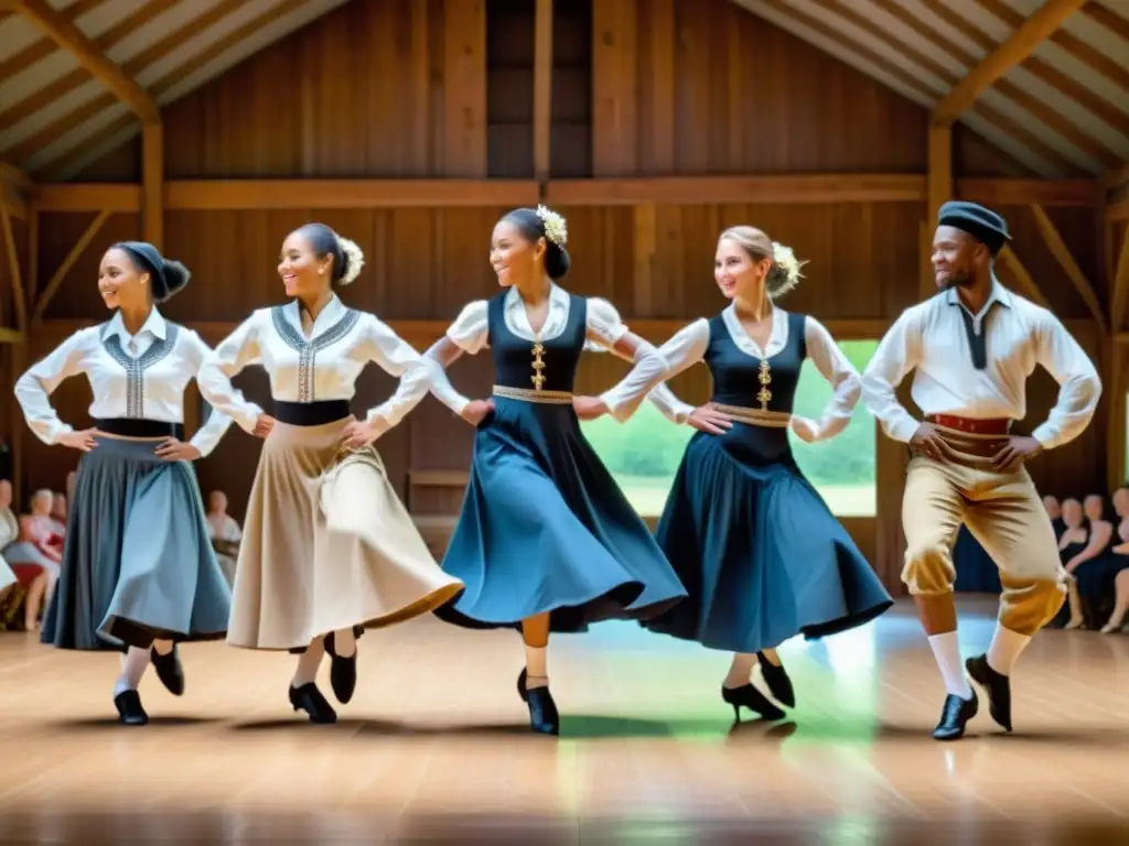 Grupo de bailarines en trajes tradicionales americanos realizando el zapateo americano en círculo, con expresiones de concentración y pasión