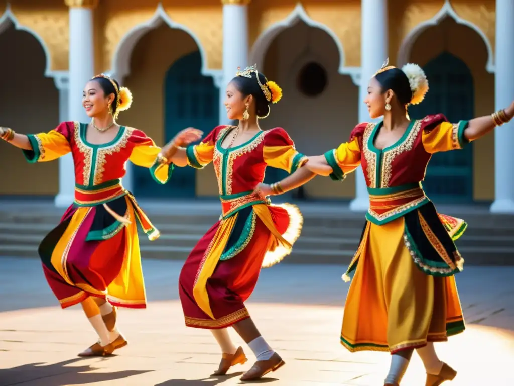 Grupo de bailarines en trajes tradicionales, realizando danza en un patio soleado