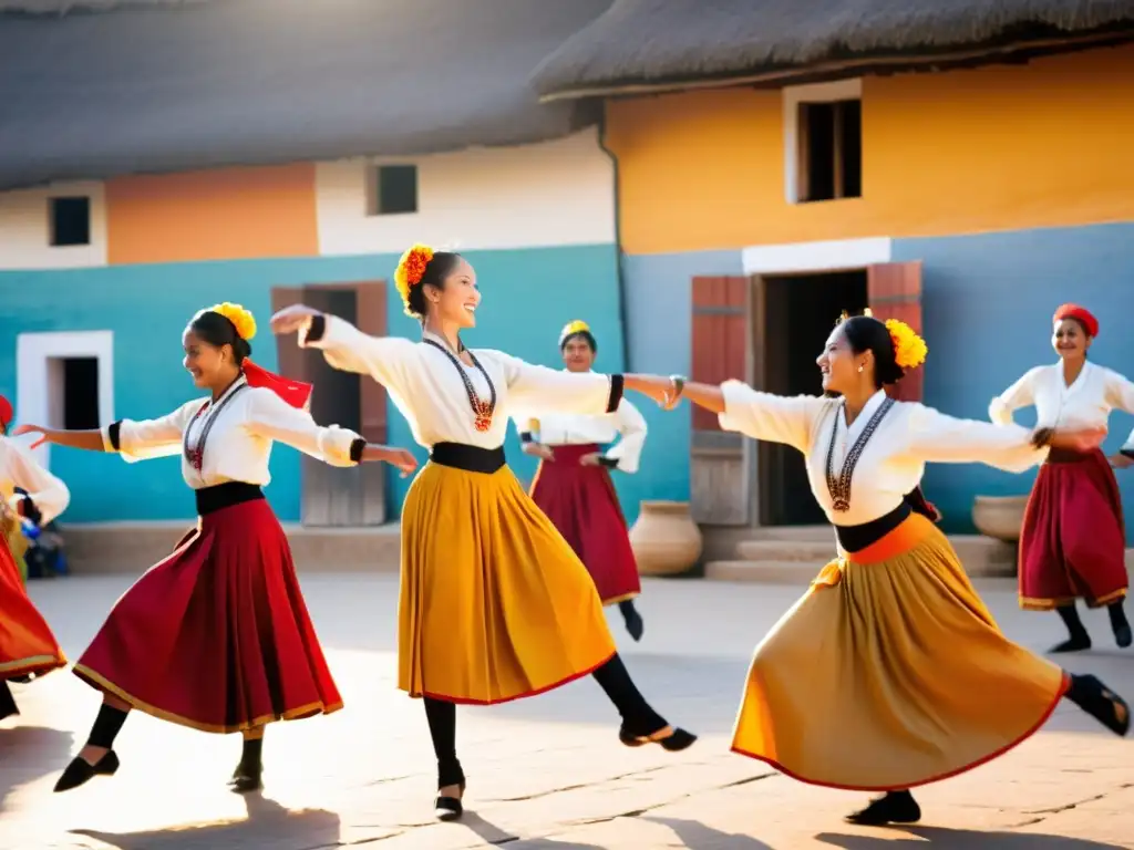 Grupo de bailarines en trajes tradicionales ejecutando una danza animada en la plaza del pueblo al atardecer