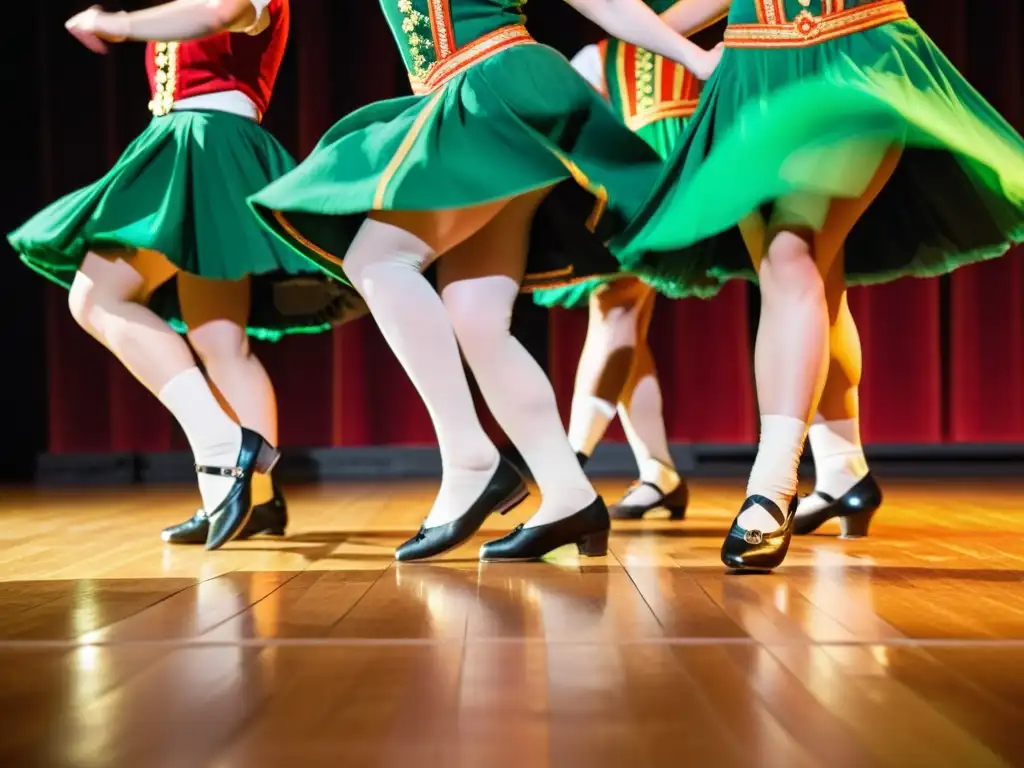 Grupo de bailarines con trajes tradicionales irlandeses, ejecutando una vibrante danza de tap con resonancia cultural irlandesa