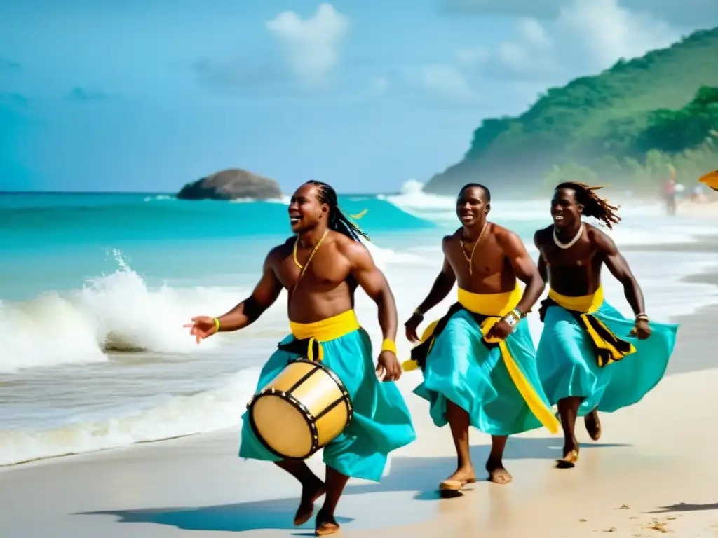 Grupo de bailarines Garifuna en trajes tradicionales danzando con orgullo en una playa de Honduras, mostrando su resistencia cultural