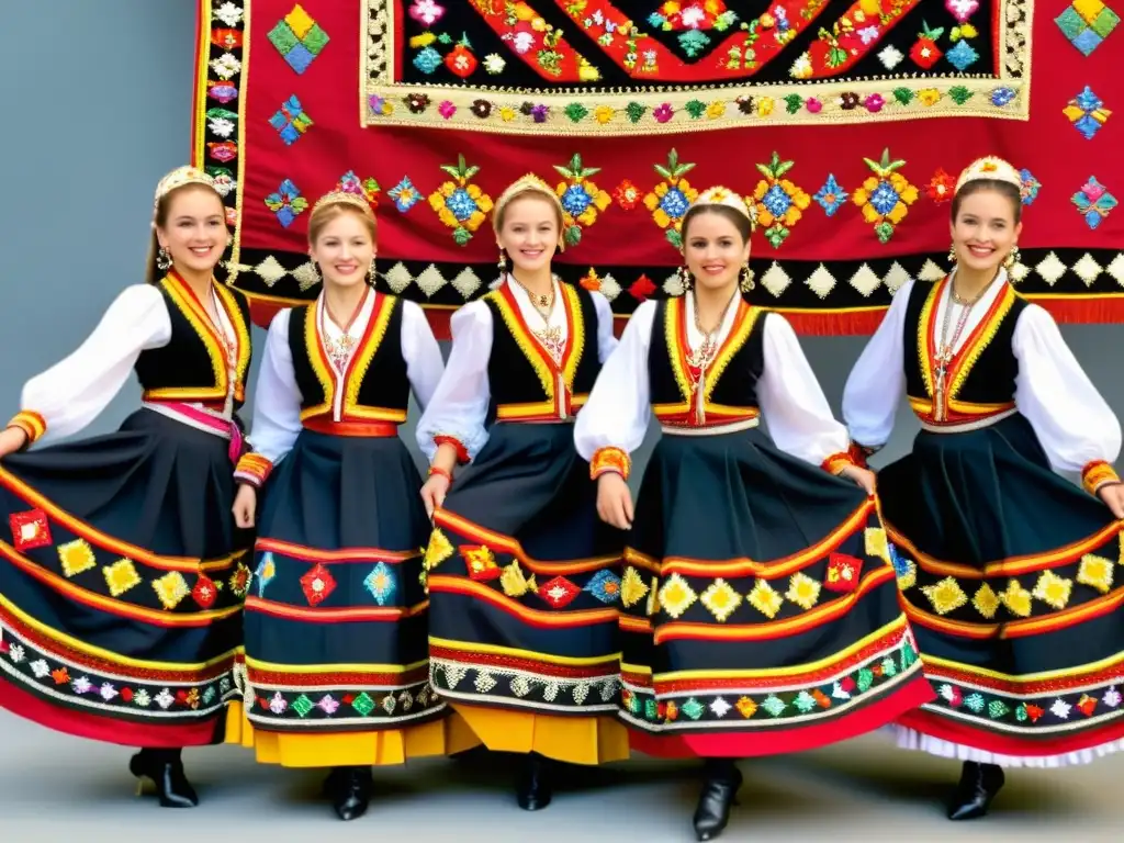 Grupo de bailarines de Europa del Este en trajes tradicionales, enérgicos y llenos de color