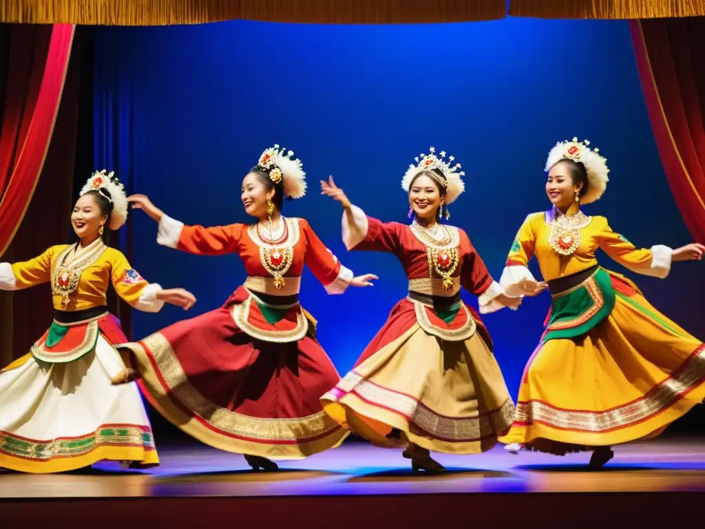 Grupo de bailarines en trajes tradicionales, ejecutando una coreografía con movimientos dinámicos