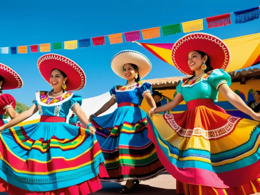 Grupo de bailarines en trajes tradicionales mexicanos, danza vibrante bajo cielo azul y papel picado