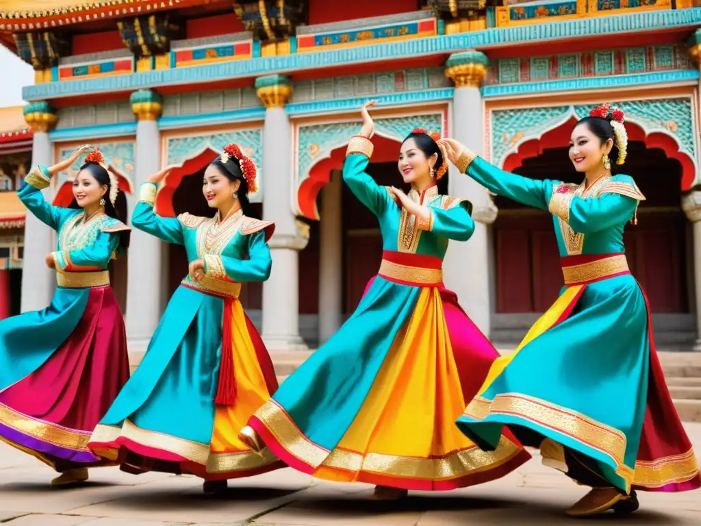 Grupo de bailarines en trajes tradicionales, danza frente a un templo histórico, exudando pasión por la moda en la danza tradicional