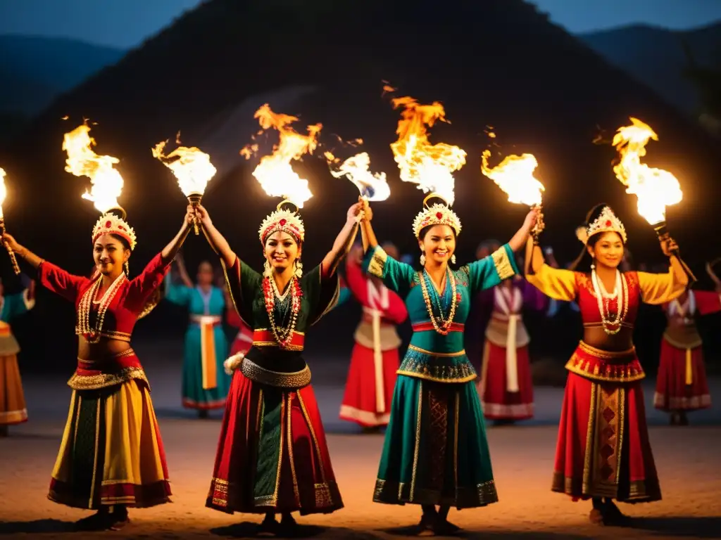 Grupo de bailarines en trajes tradicionales realizando una función ritual en un entorno atmosférico con significado cultural y espiritual