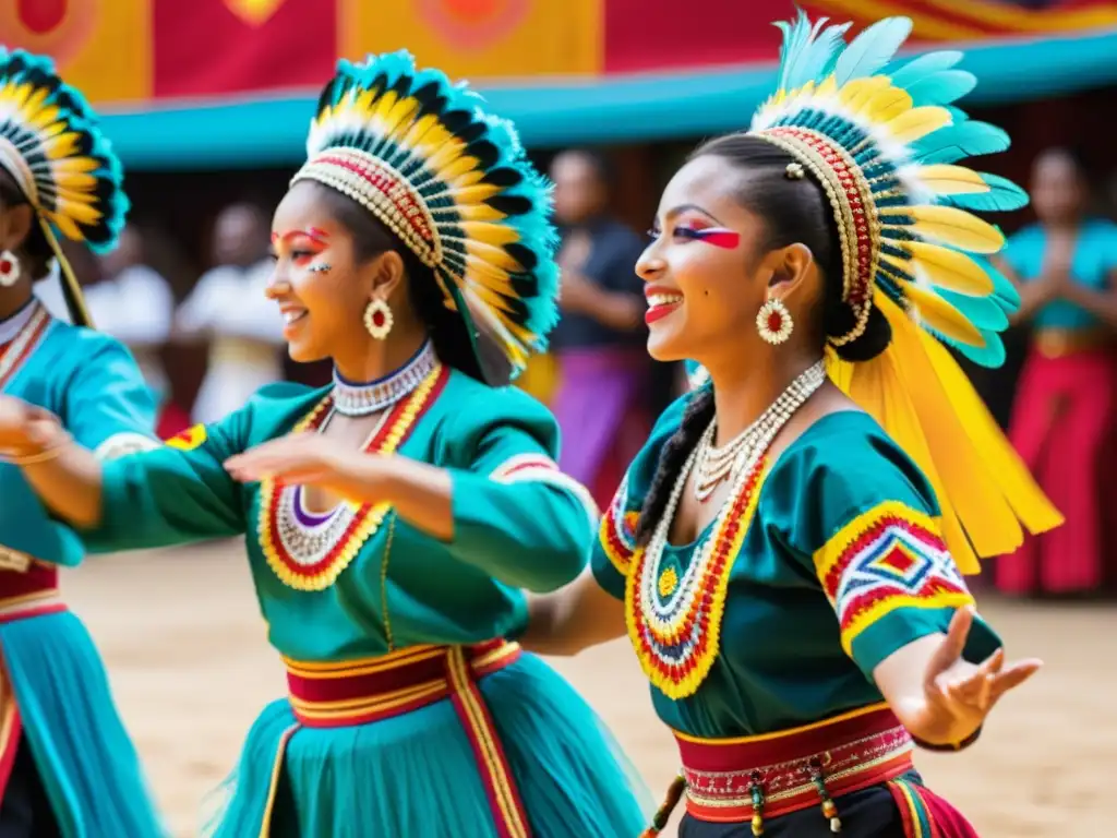 Grupo de bailarines con trajes tradicionales coloridos y detallados, expresando alegría y concentración en su actuación