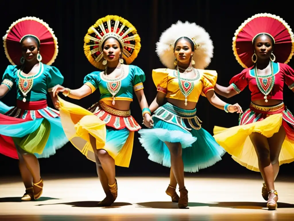 Grupo de bailarines en trajes tradicionales vibrantes y elaborados, representativos del vestuario en danza tradicional mundial