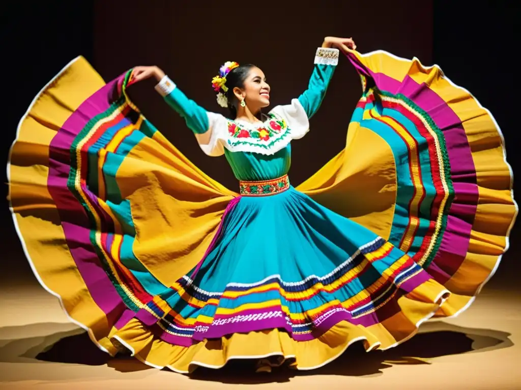 Grupo de bailarines en trajes tradicionales mexicanos, realizando la enérgica danza Son Jarocho en una animada plaza