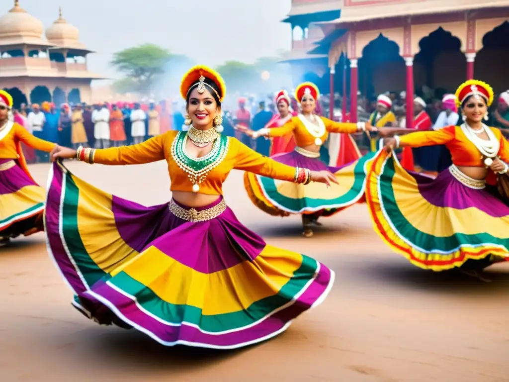 Un grupo de bailarines de Rajastán con trajes tradicionales, bailando con energía expresiva y colorida