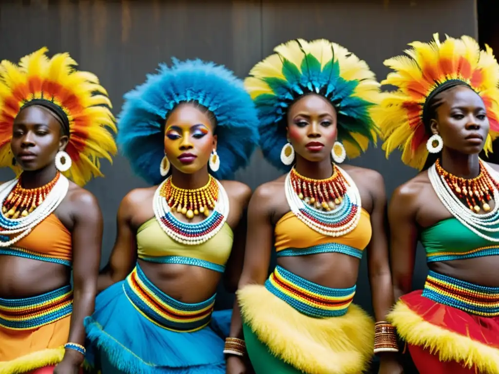 Grupo de bailarines con trajes tradicionales de la República Democrática del Congo danzando al ritmo Soukous con expresiones alegres y vibrantes