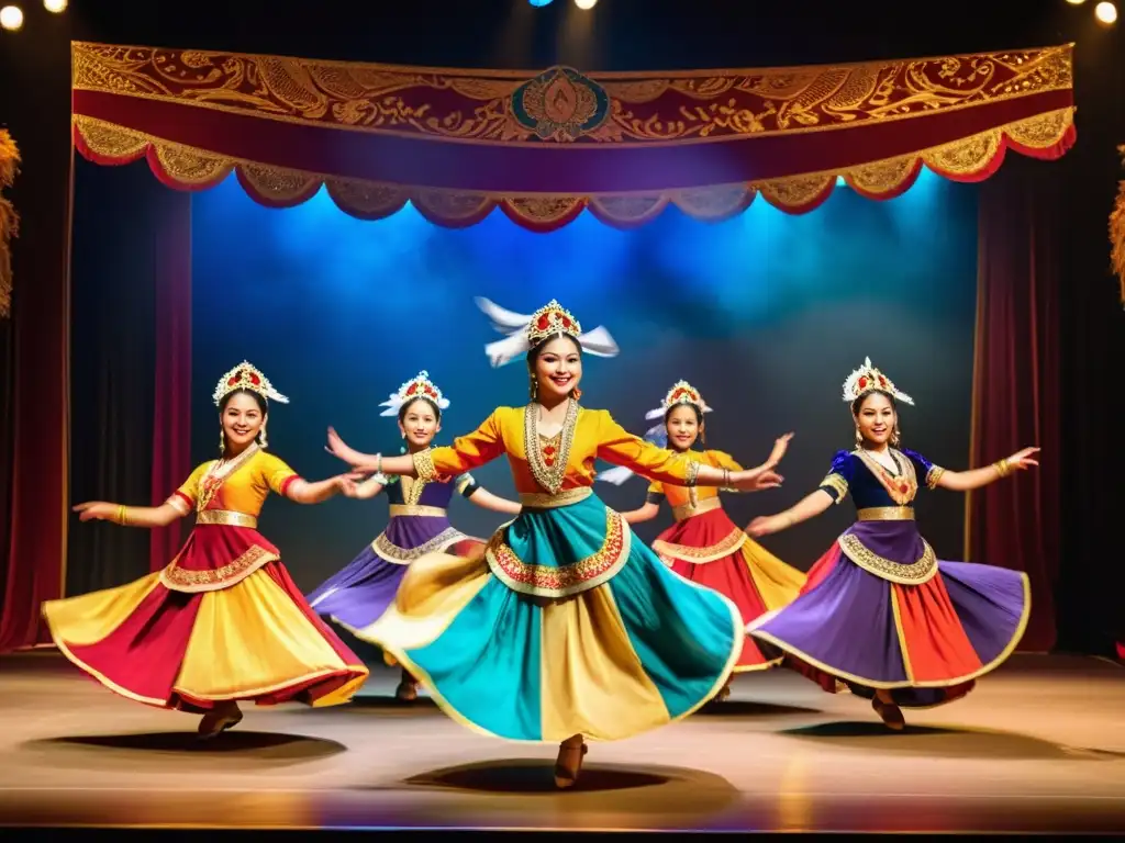 Grupo de bailarines en trajes tradicionales ejecutan una danza antigua, capturando la energía y gracia