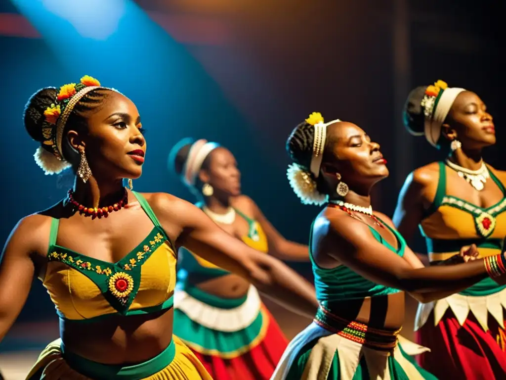 Grupo de bailarines en trajes tradicionales diáspora, danza con pasión y autenticidad en escenario íntimo