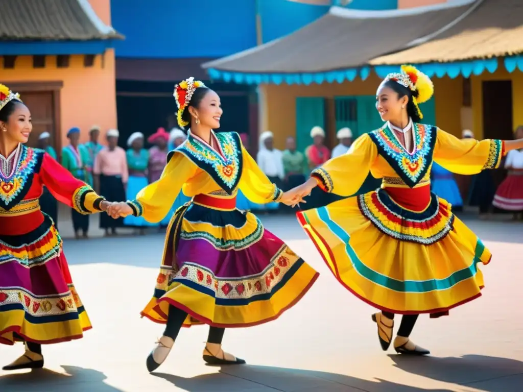 Grupo de bailarines con trajes tradicionales realizan danza vivaz en la plaza del pueblo, transmitiendo vitalidad y herencia cultural