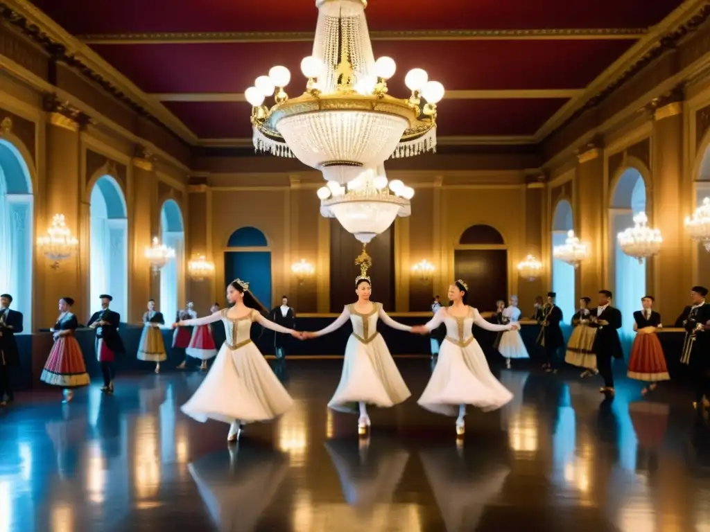 Grupo de bailarines en trajes tradicionales ejecutando una danza centenaria en una lujosa sala de baile