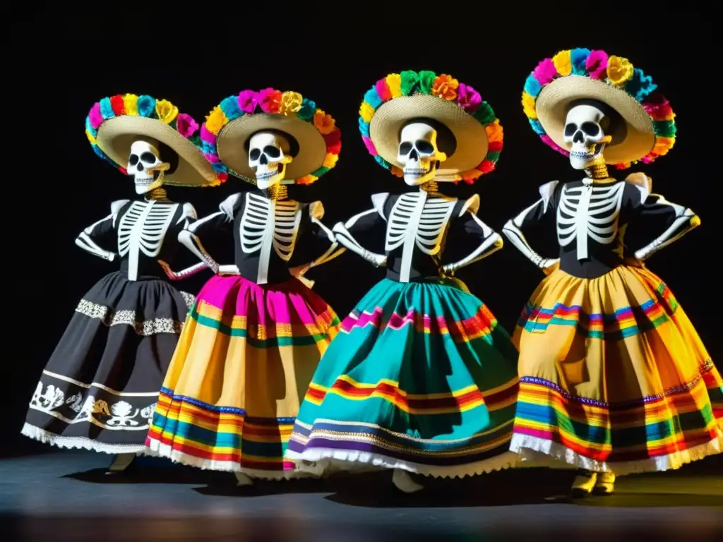 Un grupo de bailarines en trajes tradicionales mexicanos de esqueletos, con diseños intrincados y colores vibrantes, capturando la energía de la Danza de los Esqueletos en México